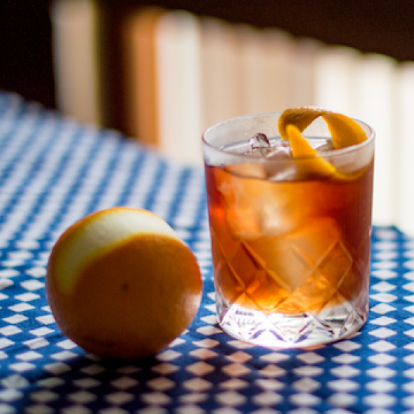 blue and white checkerboard tablecloth with negroni