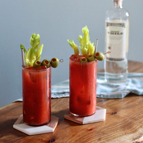 Tw bloody marys and a bottle of green chile vodka