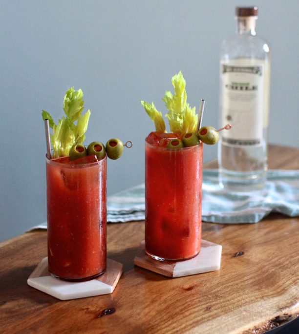 Tw bloody marys and a bottle of green chile vodka
